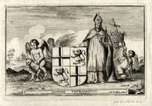39503 Afbeelding van het wapen van de provincie Utrecht, vastgehouden door een bisschop, omringd door spelende engeltjes.